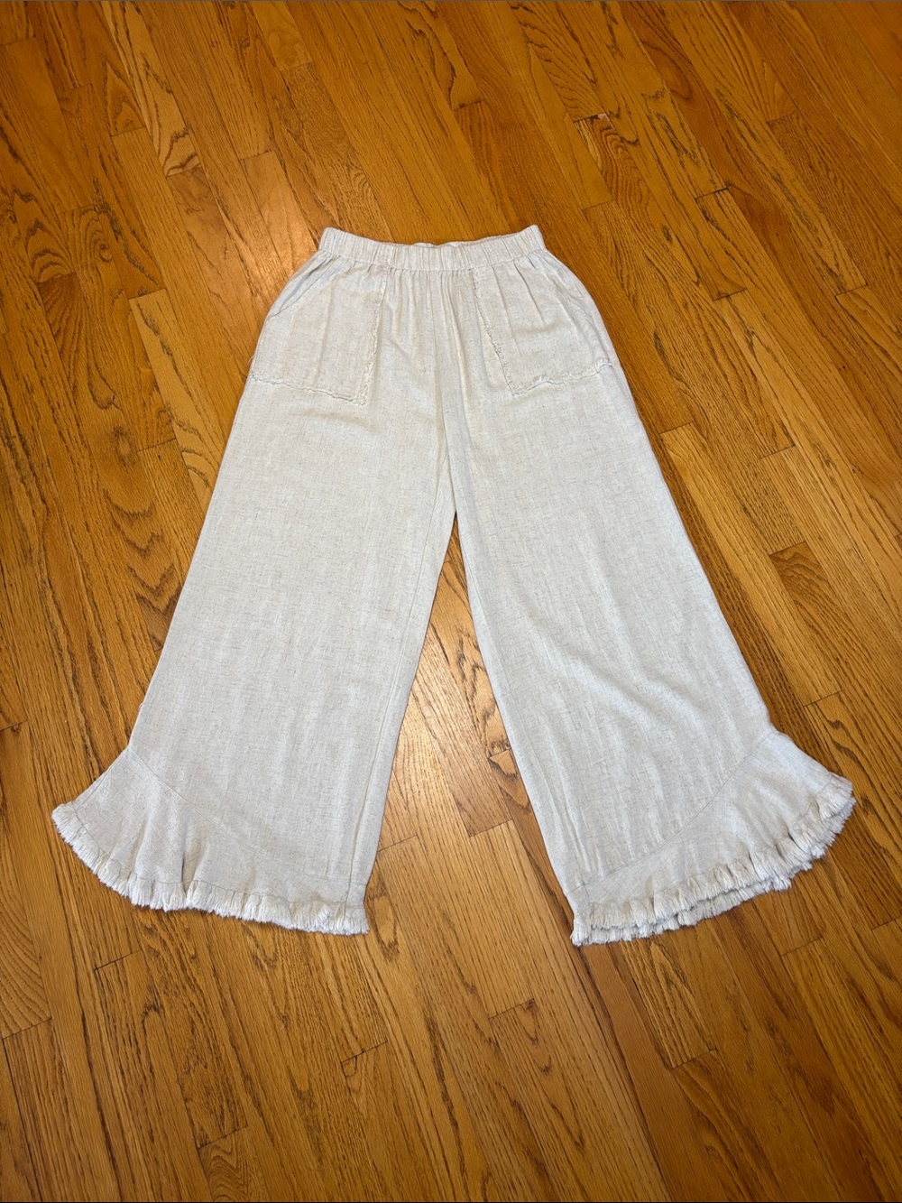 -Umgee USA Wide Leg Cropped Linen Blend Pants Cream Fringe Hem Boho Size Small - Picture 2 of 9